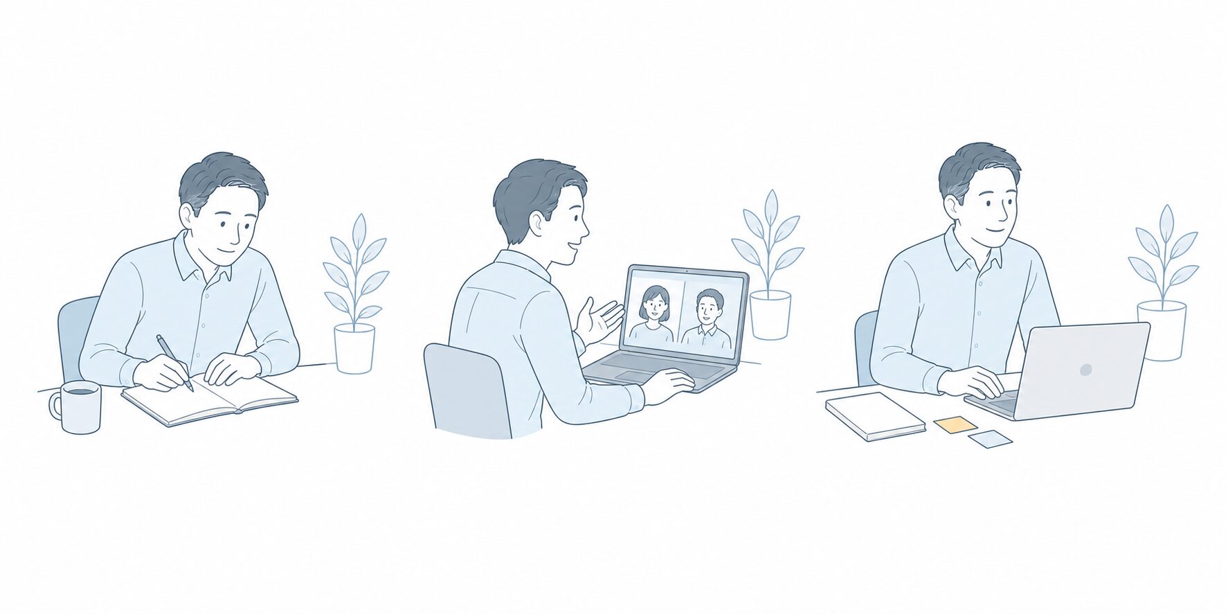 複業について考え、対話し、小さな実践を始める流れのイメージイラスト