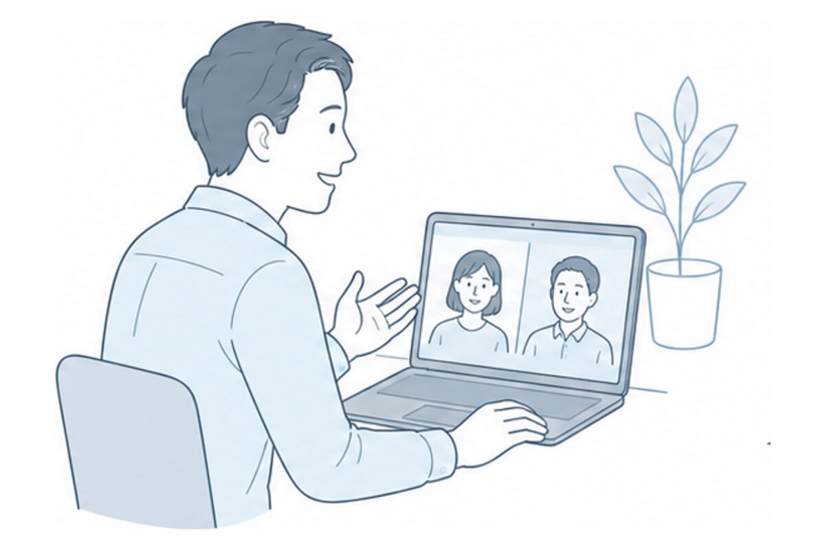オンラインの対話を通じて経験を整理する人物のイメージイラスト