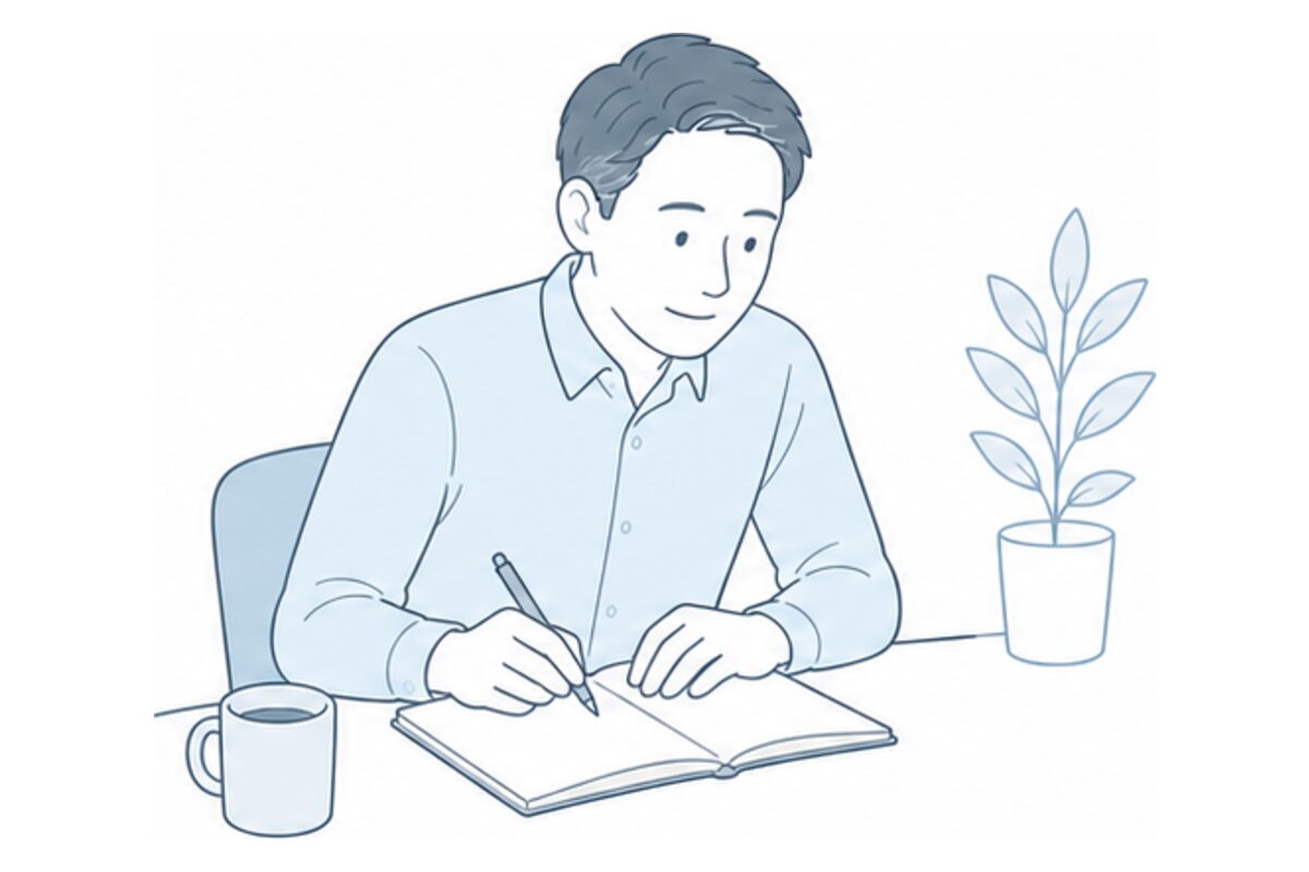 ノートを使ってこれまでの経験を振り返る人物のイメージイラスト