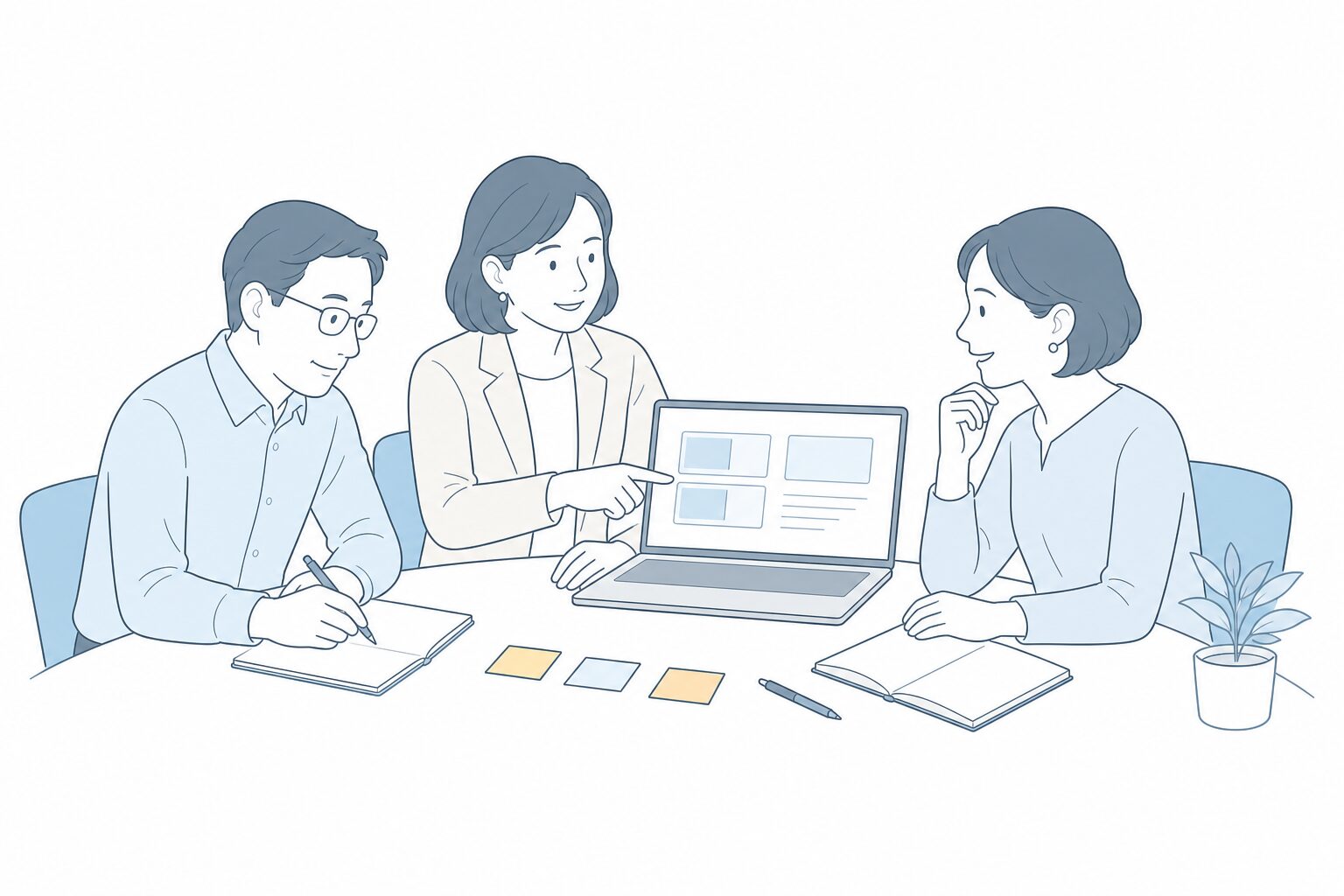 AIを活用しながら仕事の進め方を考えるチームのイメージイラスト