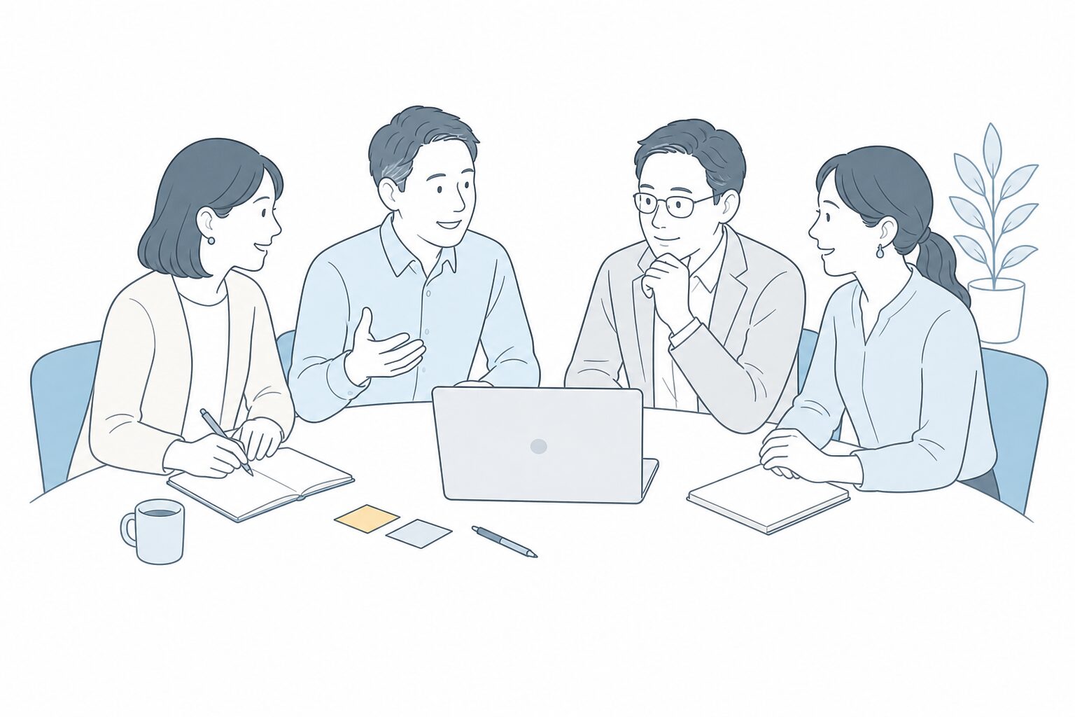 人材育成とAI活用について対話するチームのイメージイラスト