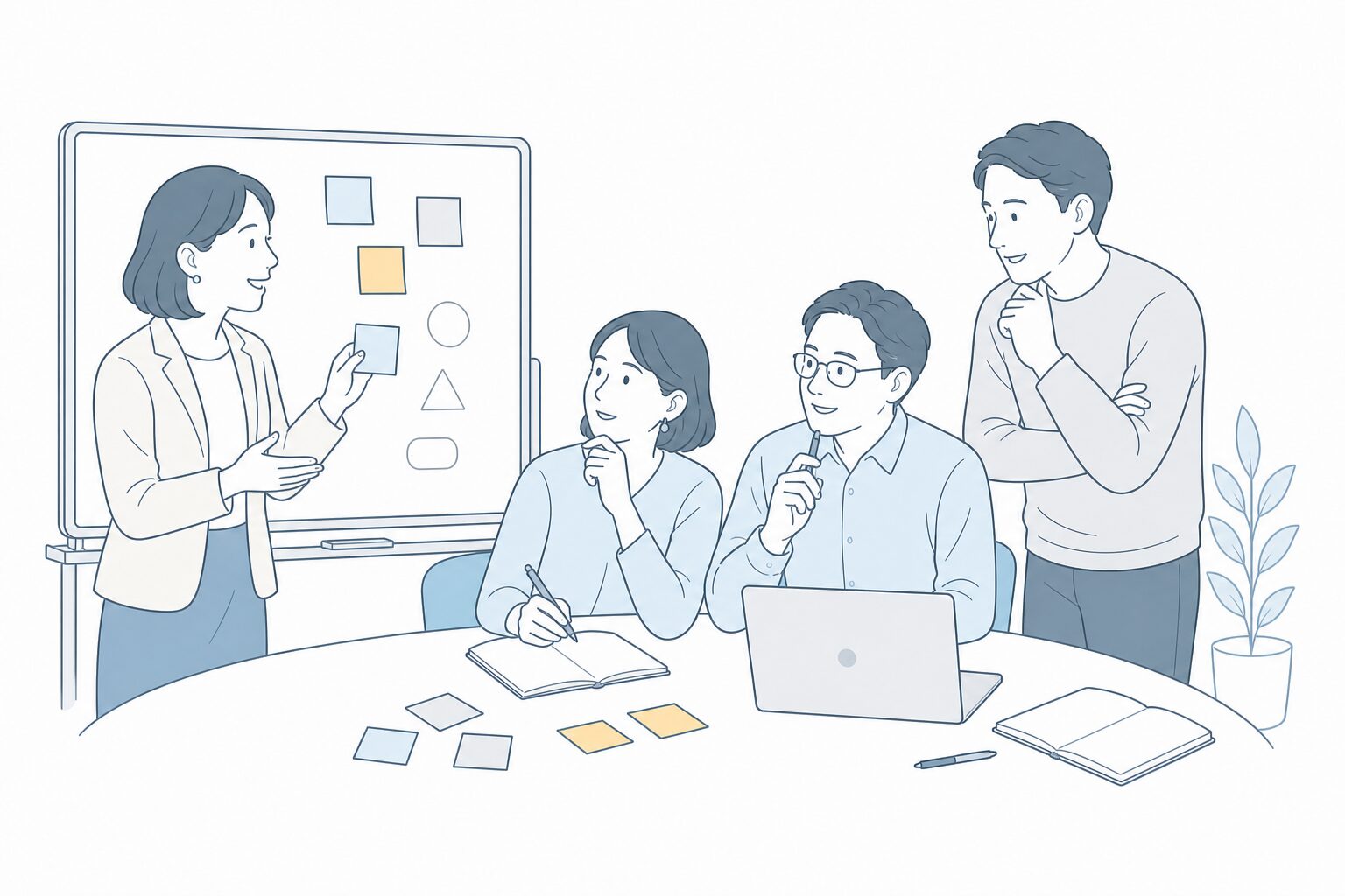 対話と実践を取り入れた人材育成ワークショップのイメージイラスト