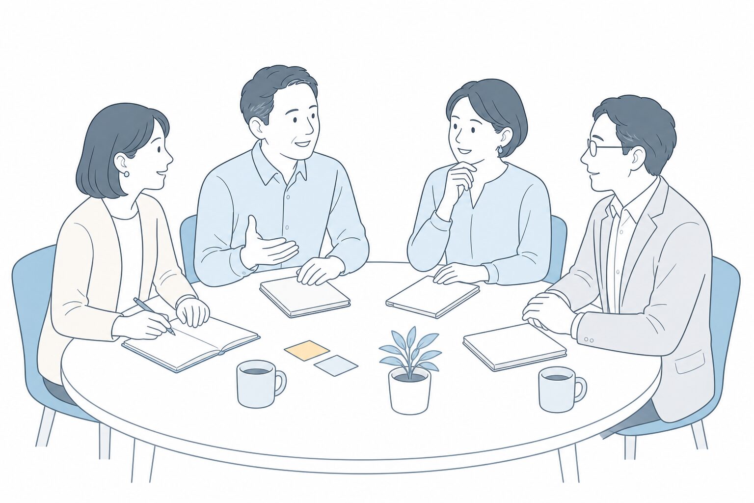働き方について円卓で対話する人たちのイメージイラスト