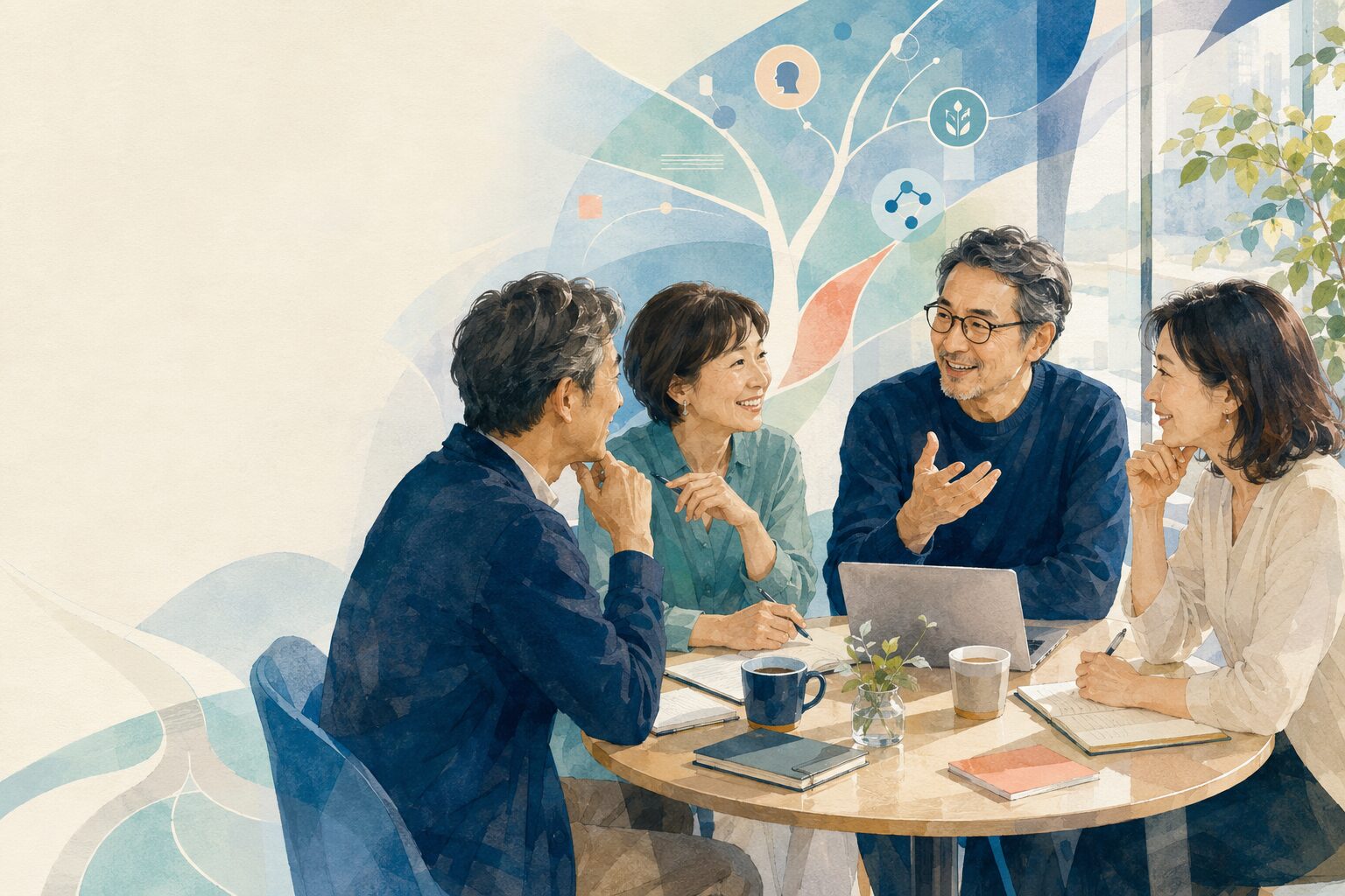 4人がテーブルを囲んで話す様子のイメージイラスト